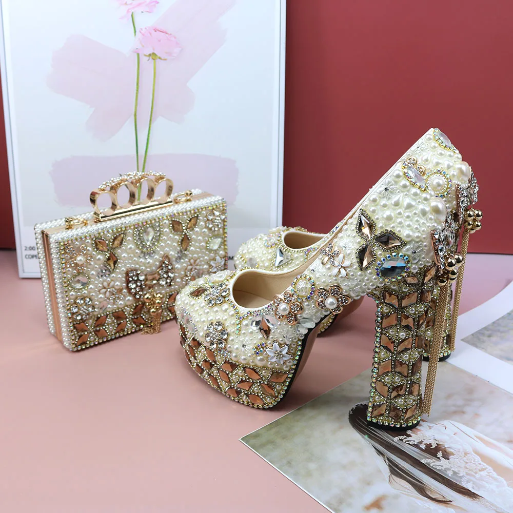 New Style Luxury Bride Wedding Shoes With Bag Women Pearl Crystal Party Dress Shoes Platform High Thick Heels Bowknot tassel