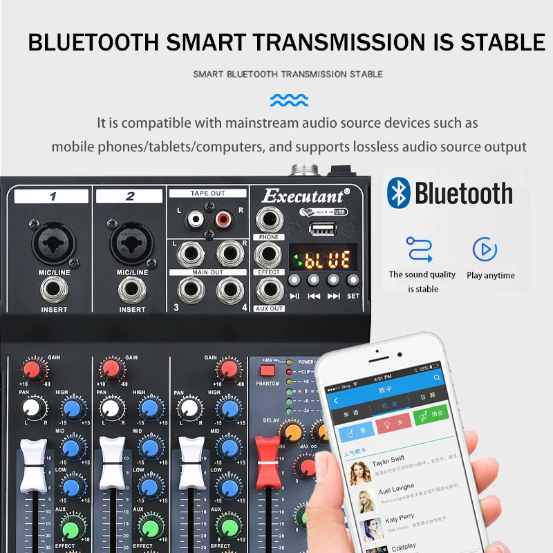 Mikser 4-kanałowy/7-kanałowy, z zasilaniem phantom 48V, USB, mikser studyjny Bluetooth, sprzęt DJ, profesjonalny mikser do transmisji na żywo