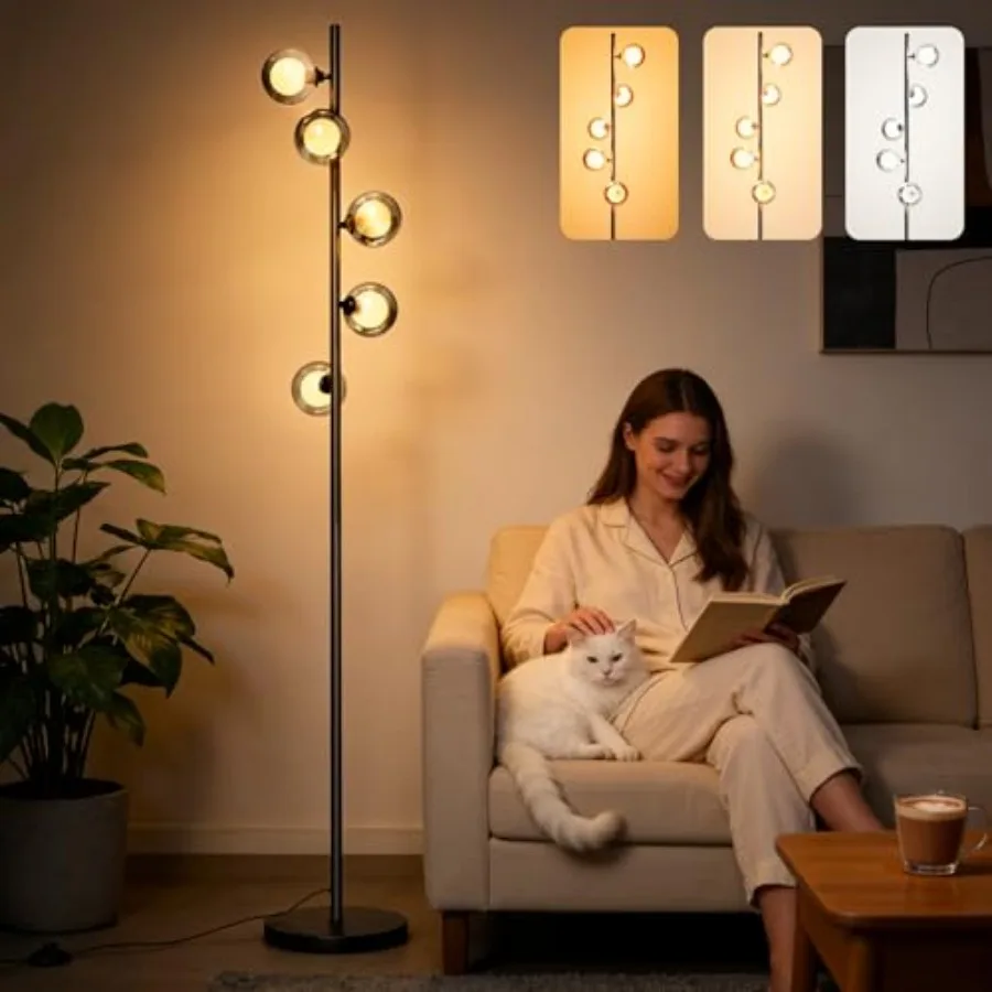 Mid Century Modern Floor Lamp 5-Light Glass Globe Tall Standing Tree Lamp Smoked Double-Glass Shades 3 Color Temp G9 Bulbs Incl