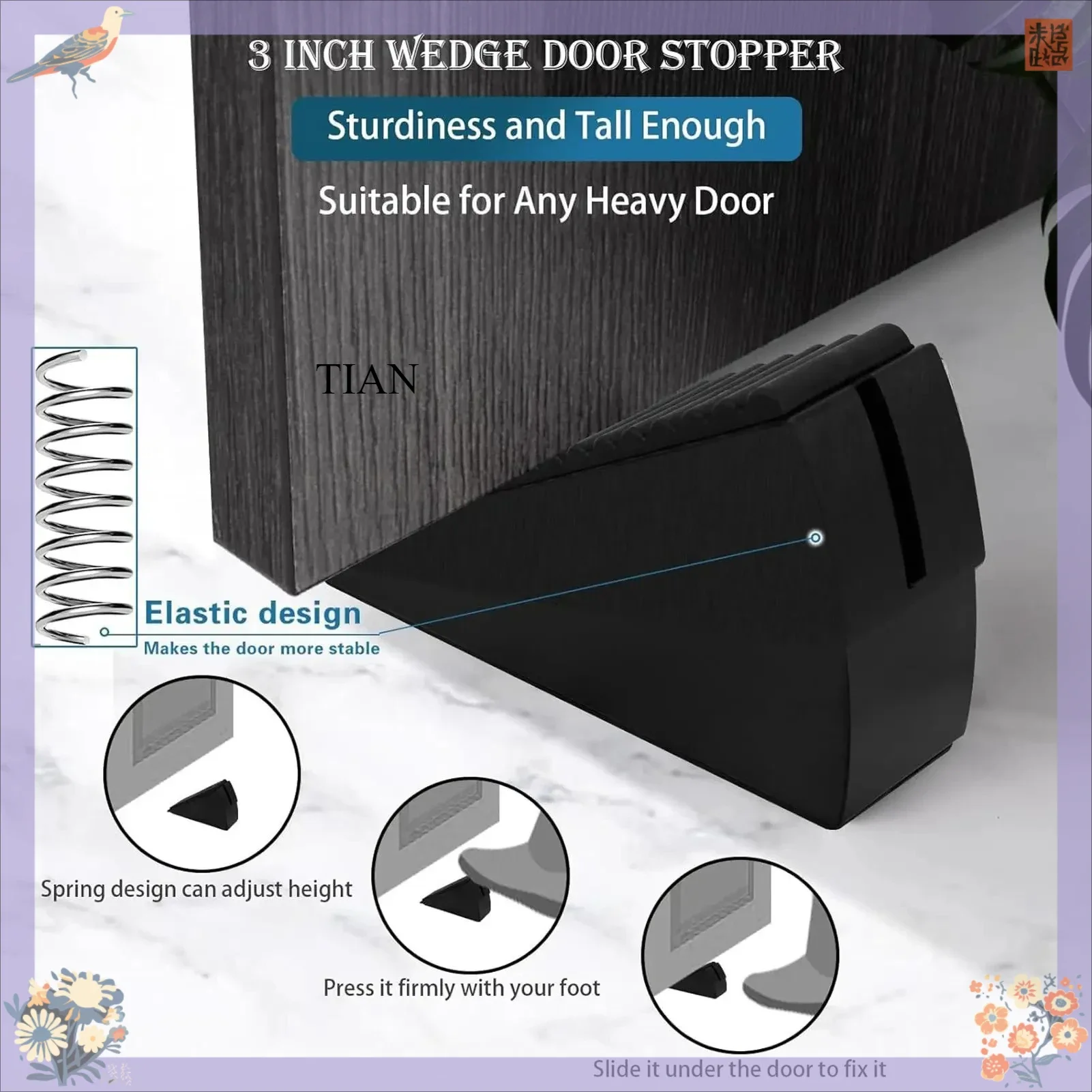 TIAN Adjustable Wedge Door Stopper, Multi-Height Door Stop for Carpets, Parquet, Tiles, Non-Slip Bottom Gap Filler for Home Use