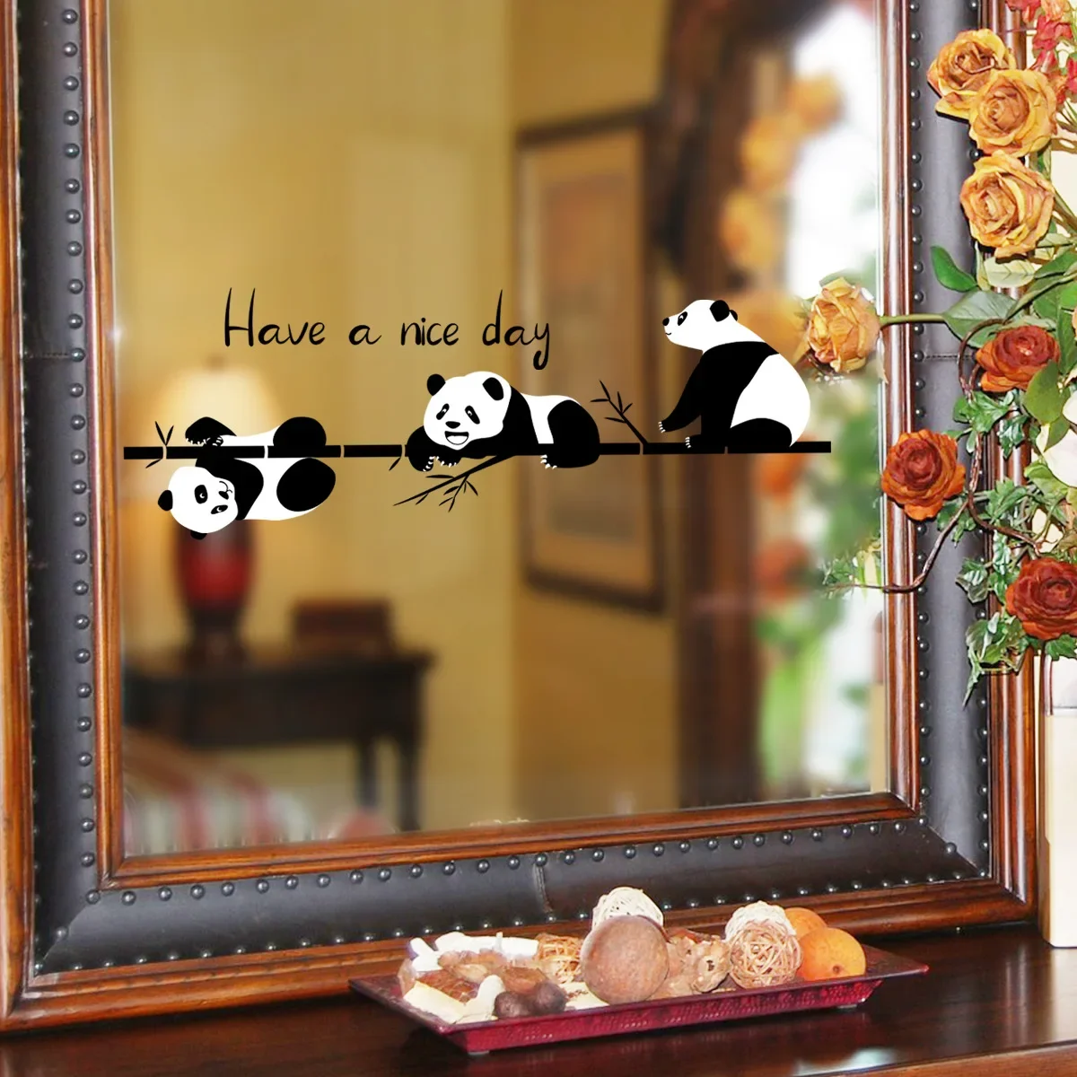 Cartoon Animal  Switch Sticker Bamboo Three Pandas Wall Sticker Glass Window Mirror Decorative Home Wall Sticker Self-adhesive