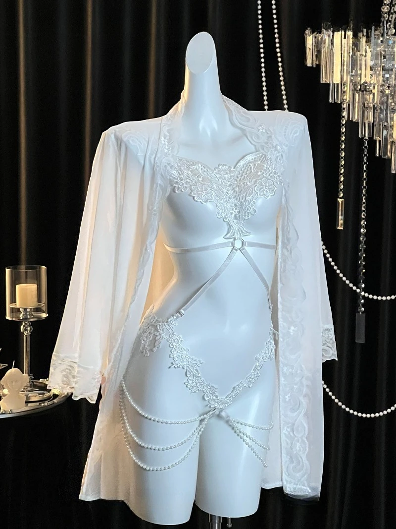 Angel Embroidered Mesh One-Piece Uniform,Pure Desire Light Mature Lace Robe Set,Romantic QQNY Lingerie for Women