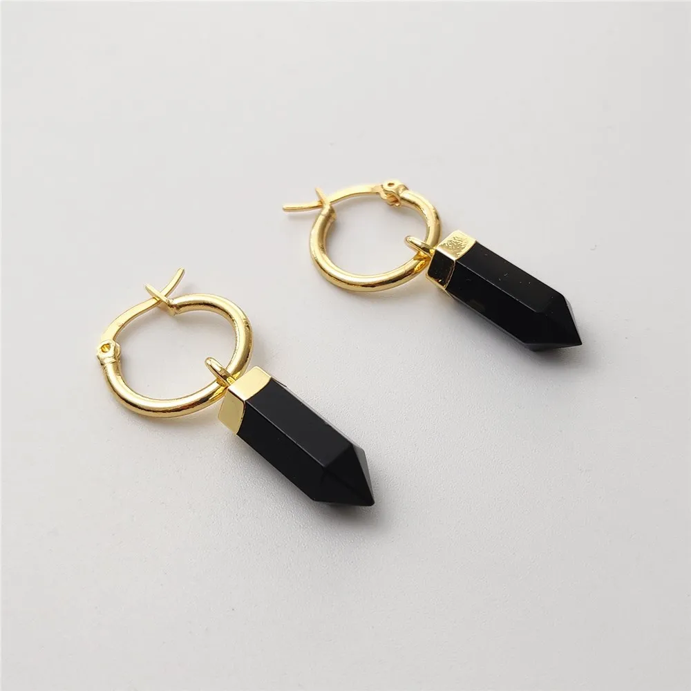 FUWO 1 Pair Natural Obsidian Point Earrings,Golden Plated Handmade Faceted Black Crystal Jewelry For Women Gift ER409