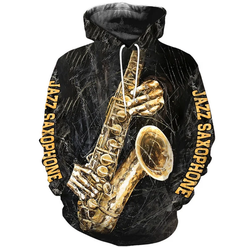 Men's Sax 3D Print Music Instruments Hoodie Fashion Long Sleeves Saxophone Graphic Pullovers Casual Long Sleeve Sweatshirts