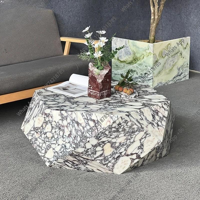 Free-Form Natural Marble Center Table, Sculptural Monolith with Asymmetric Base - Wabi Sabi Raw Edge Design for Modern Lounge
