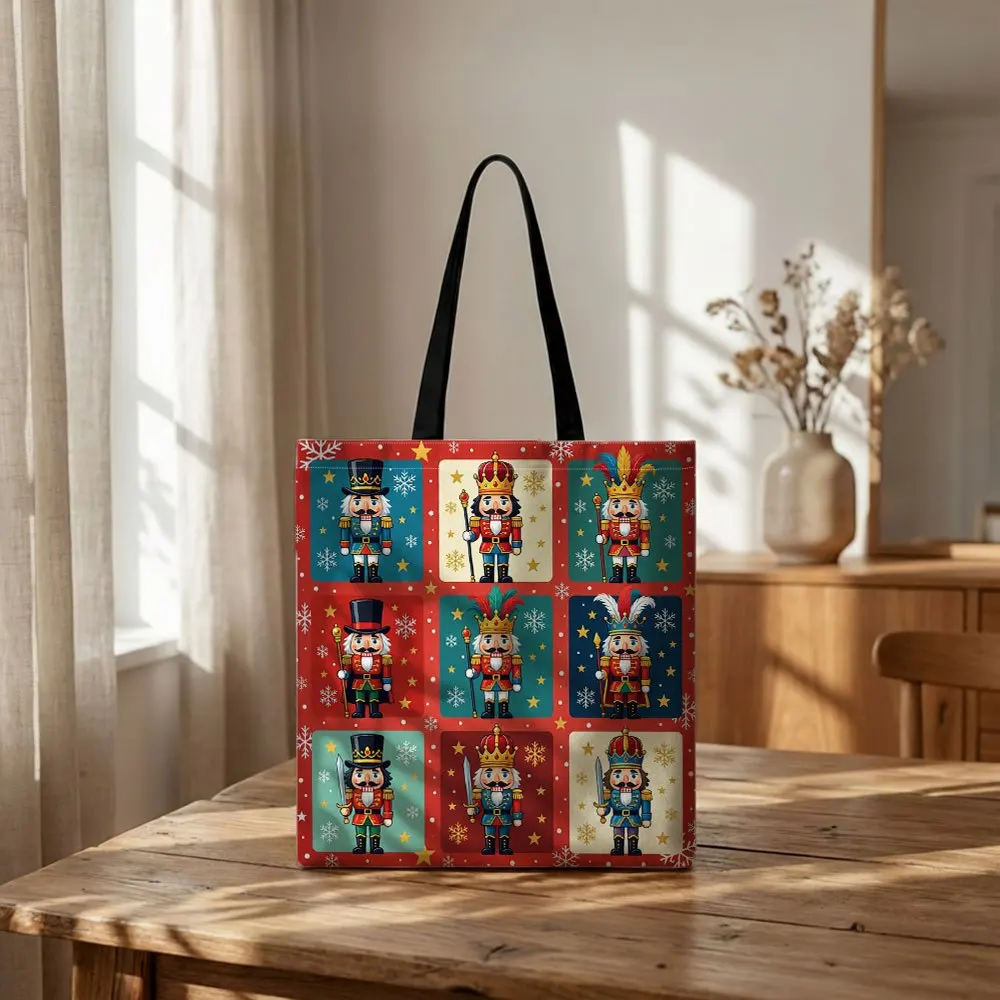 Christmas Nutcracker Canvas Tote Bag 9 Grid Cartoon Soldier Print Handbag Reusable Shopping Bag Large Capacity Shoulder Bag Gift