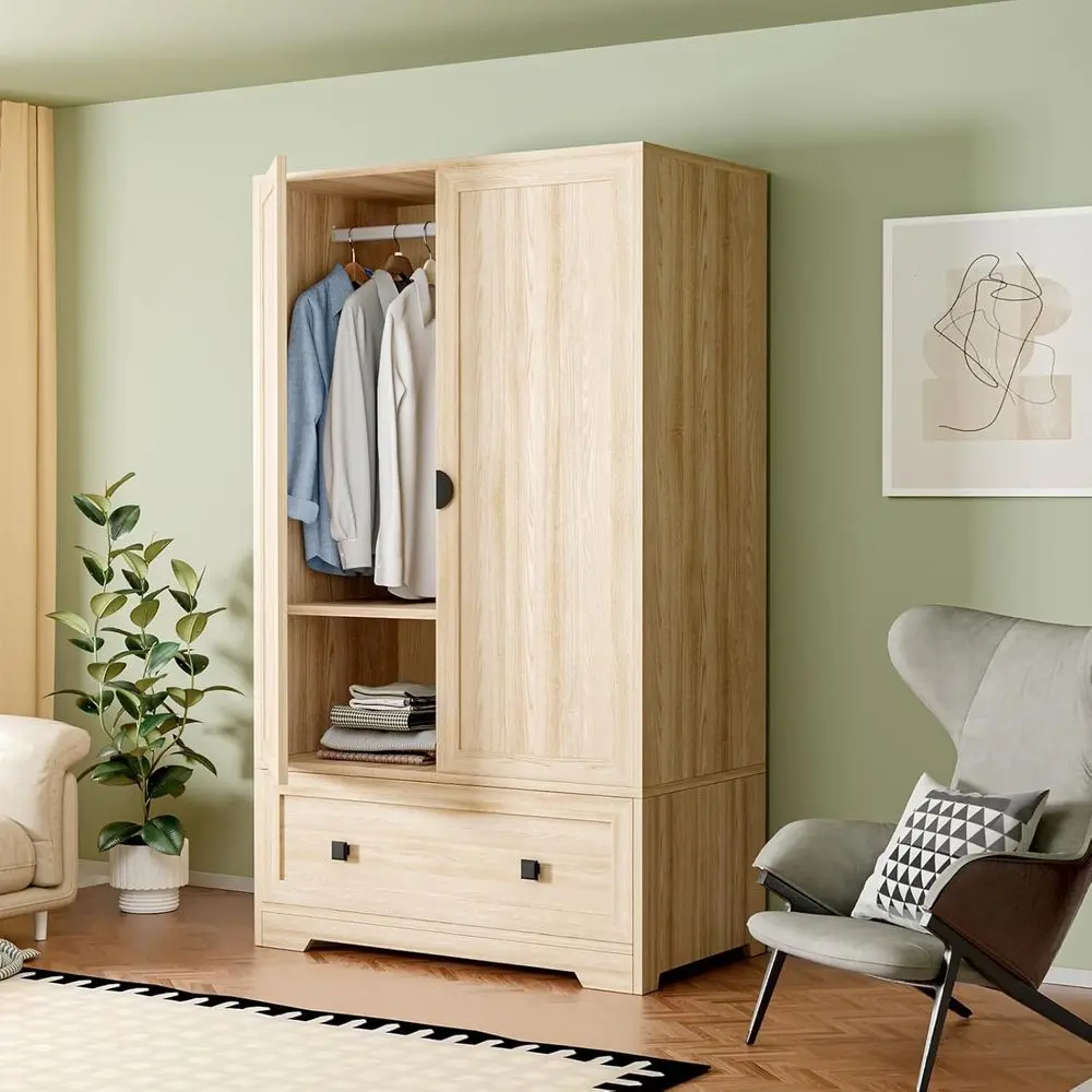 

Oak Finish Standing Wardrobe Closet with Drawers, Hanging Rod, and Shelves - 38W x 21D x 65H