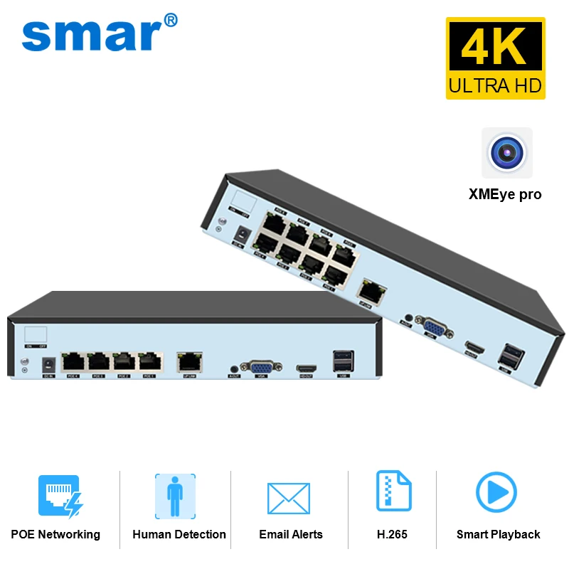 Smar 4CH/8CH POE Network Video Recorder H.265 POE NVR 4K Input Output Surveillance NVR Support Face Detecttion Onvif
