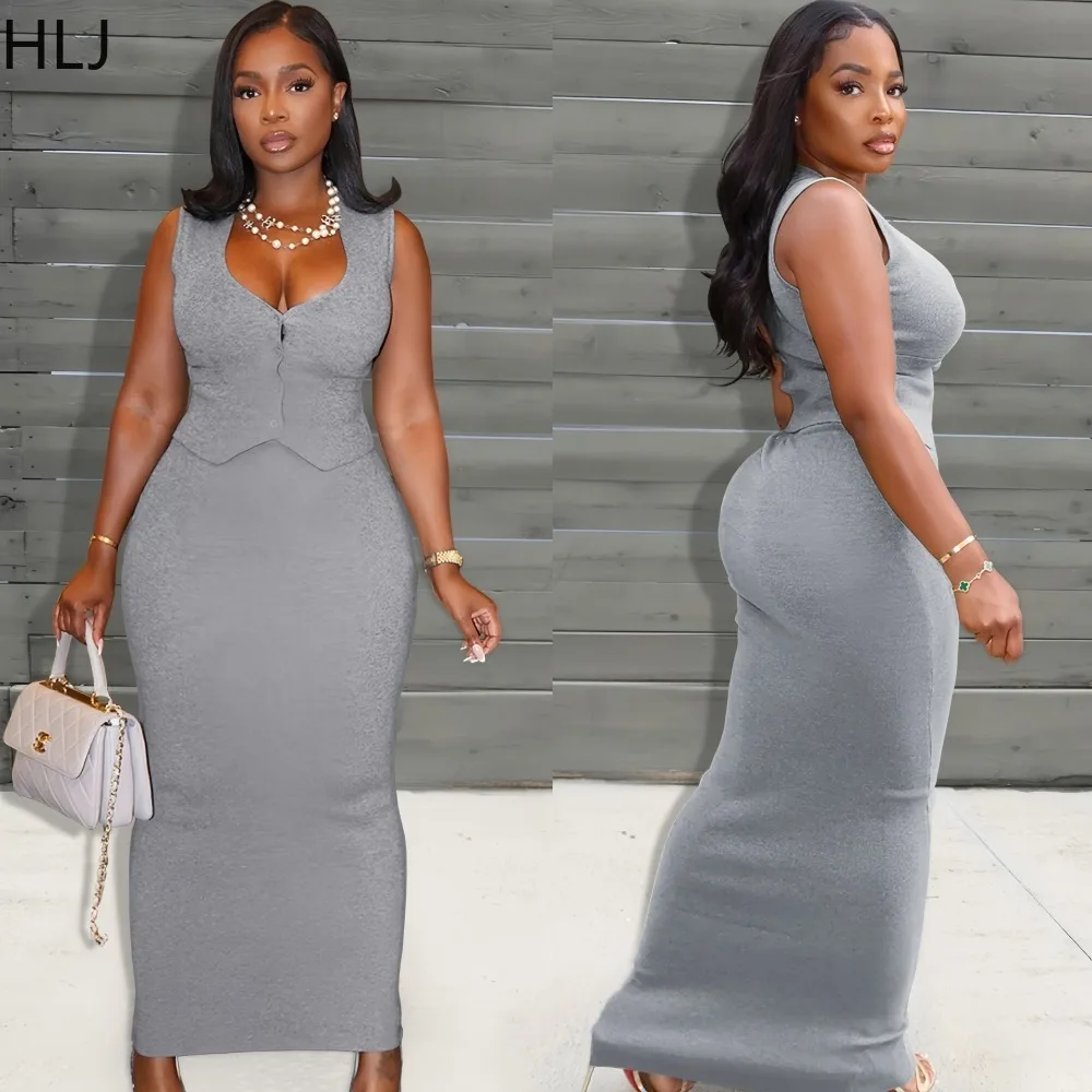 

HLJ Winter New Casual 2 Pieces Set for Woman Solid Color Sleeveless Crop Top and Skirt Matching Female Streetwear Clothing 2025