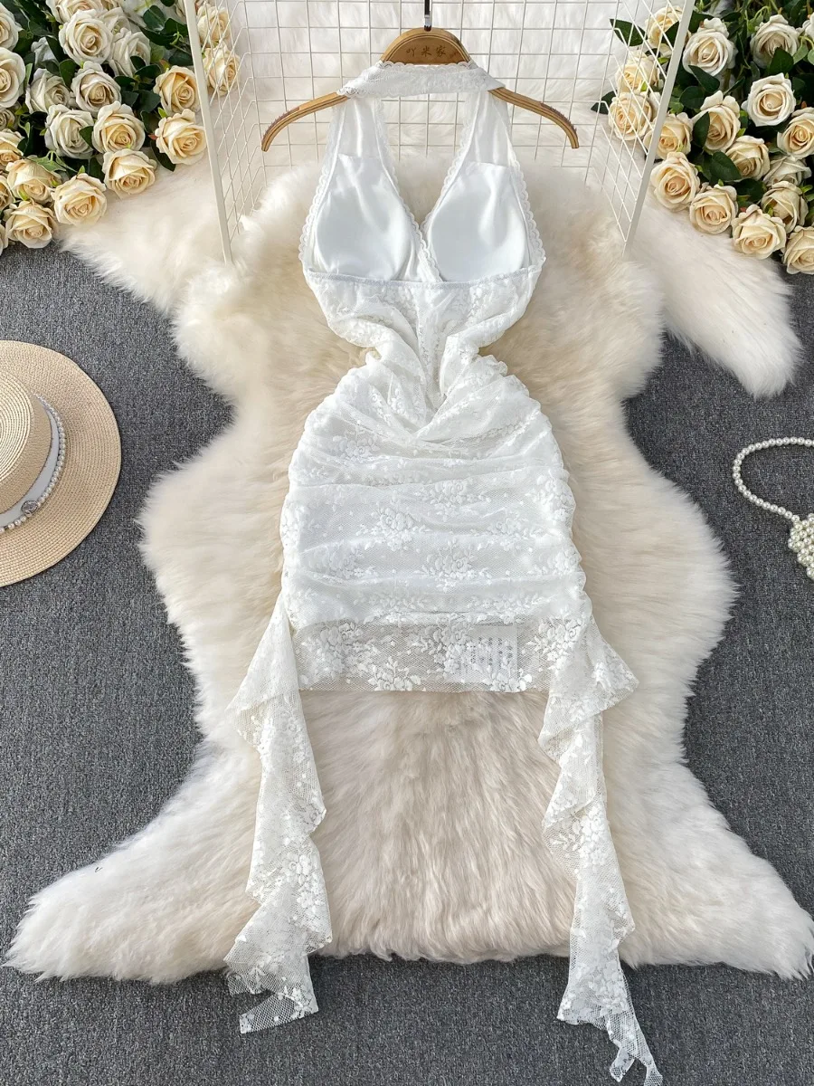 Foamlina العصرية الأمريكية الساخنة فتاة الدانتيل الخامس الرقبة الرسن فستان الصيف تصميم فريد من نوعه فلوي التعادل حتى مثير سليم صالح فستان قصير قصير