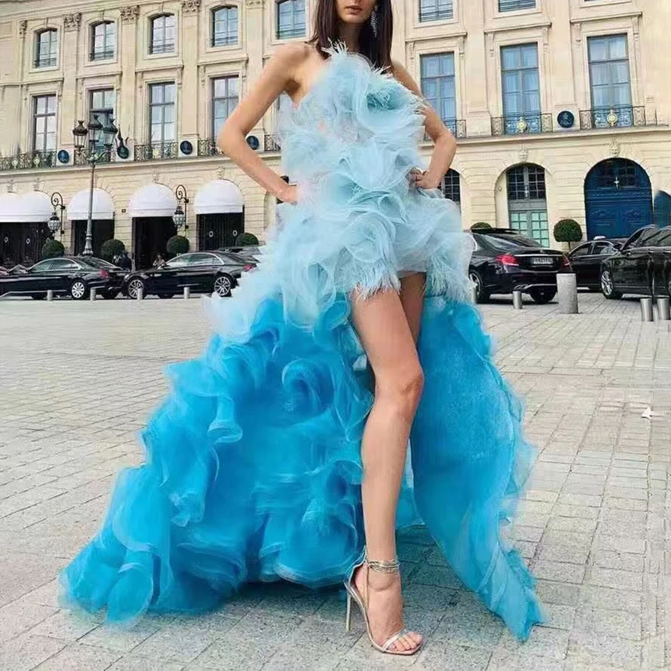 Long Blue Ruffles Prom Dresses for Woman Tulle Strapless Floor-Length High-Low Evening Party Formal Occasion Gala Guest 2023 New