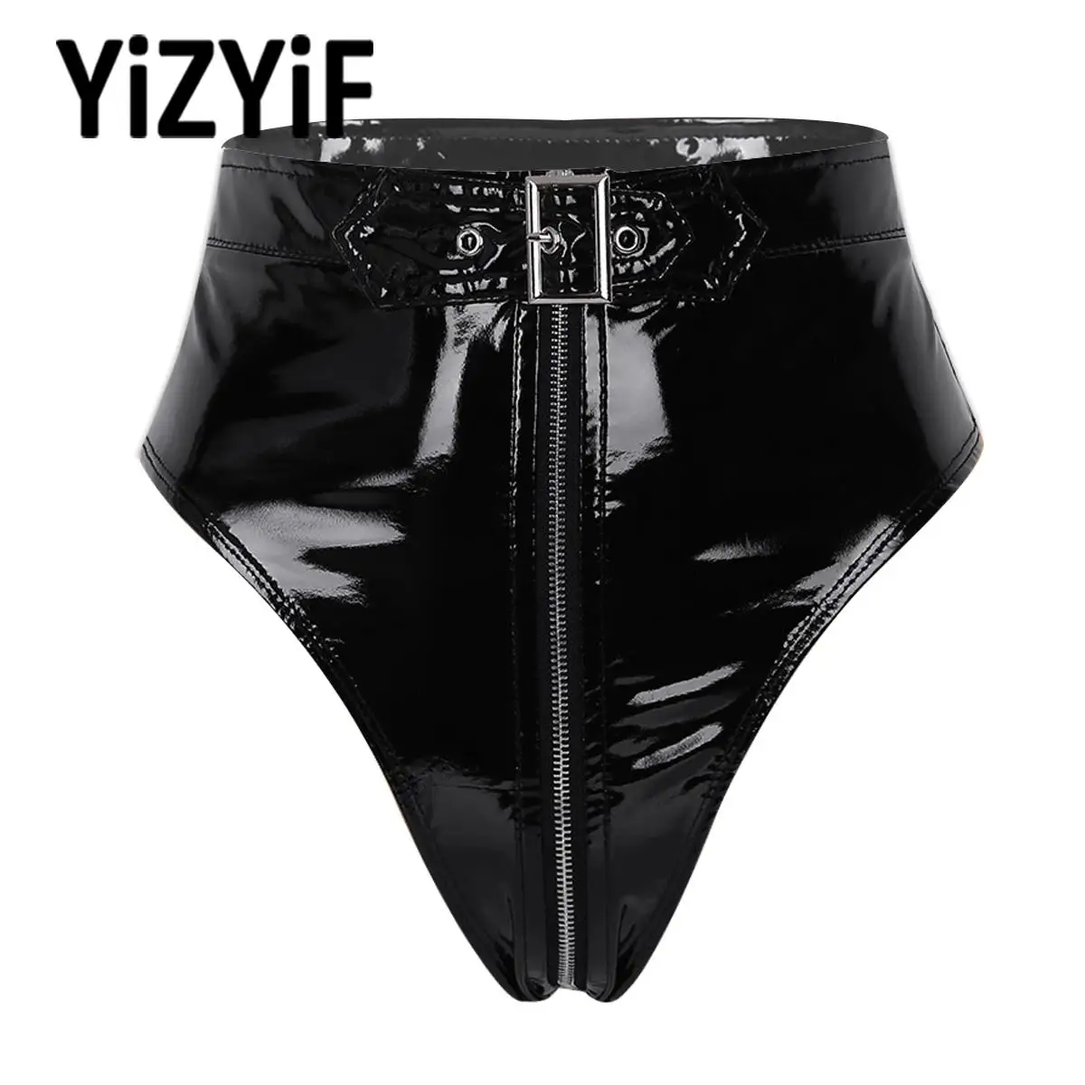 

Sexy Womens Front Zippered Crotch with Belt Briefs Underwear Pole Dance Rave Clubwear Lingerie Wet Look PVC High Cut Underpants