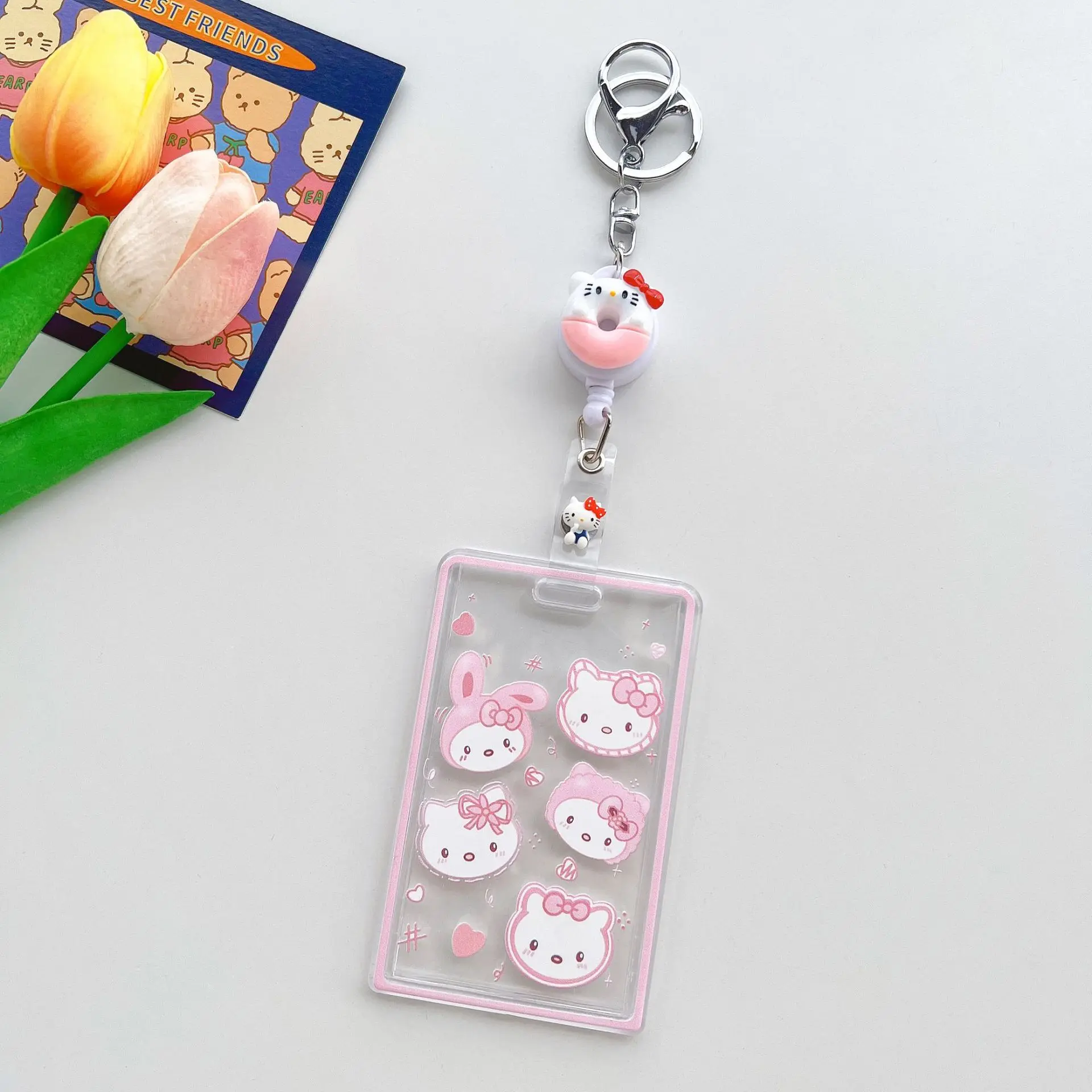 Sanrio Hello Kitty Cinnamoroll My Melody Kuromi Keychain Pendant Retractable Card Holder Student ID Card Storage Doll Gift