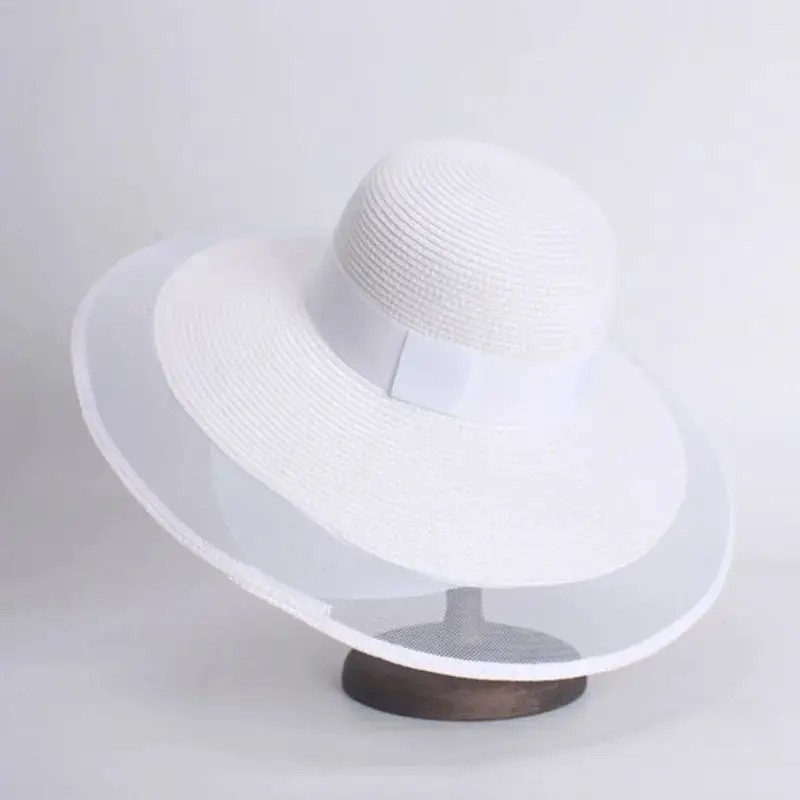 Elegant Black White Wide Brim Sun Beach Hat Veil Netting Fedo Cotton Material Fashionable Accessory for Men And Women