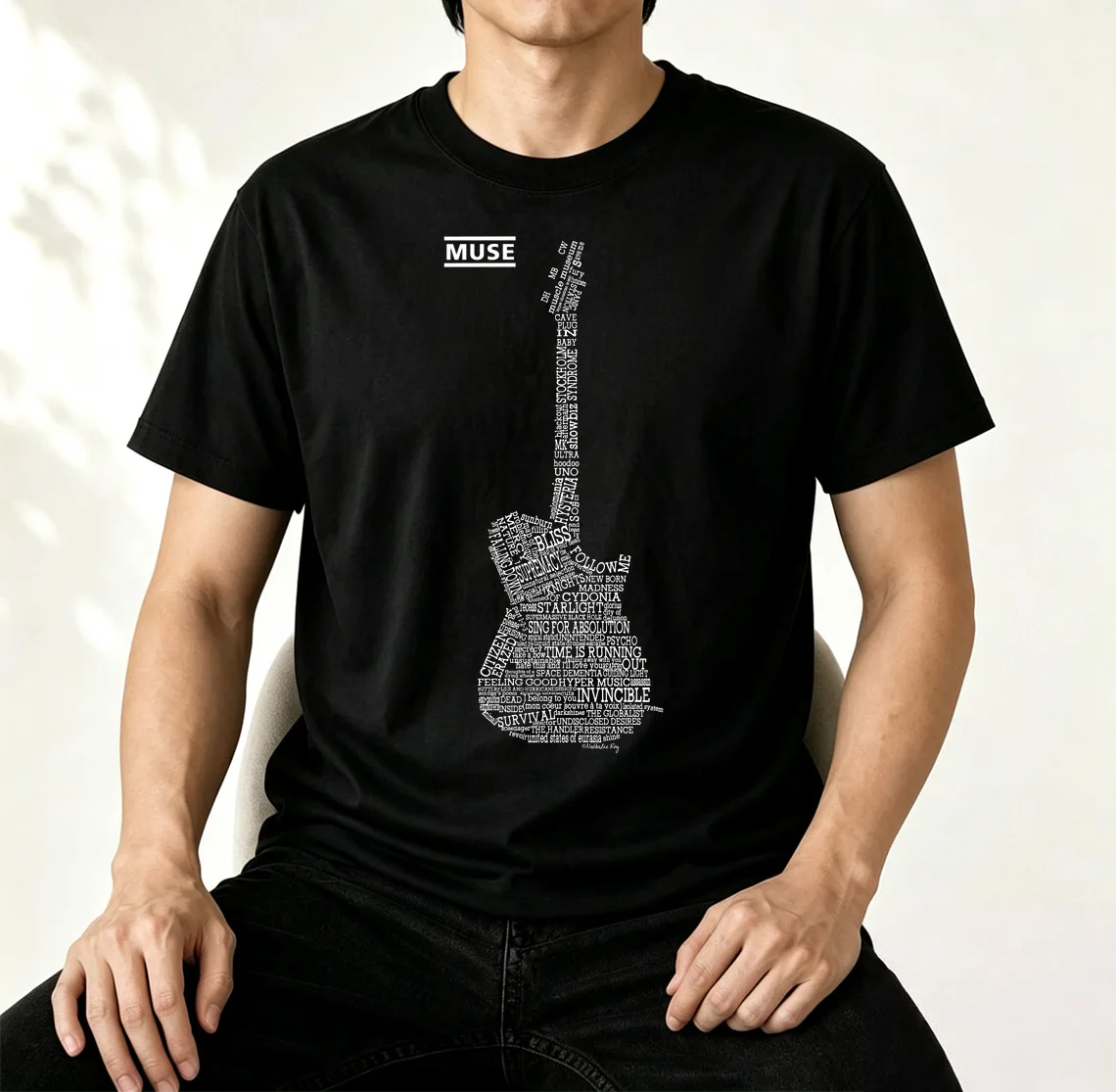MUSE Band Guitar Word Art Graphic T-Shirt Rock Music Song Title Typography Tee Unisex Casual Short Sleeve for Rock Band Fans