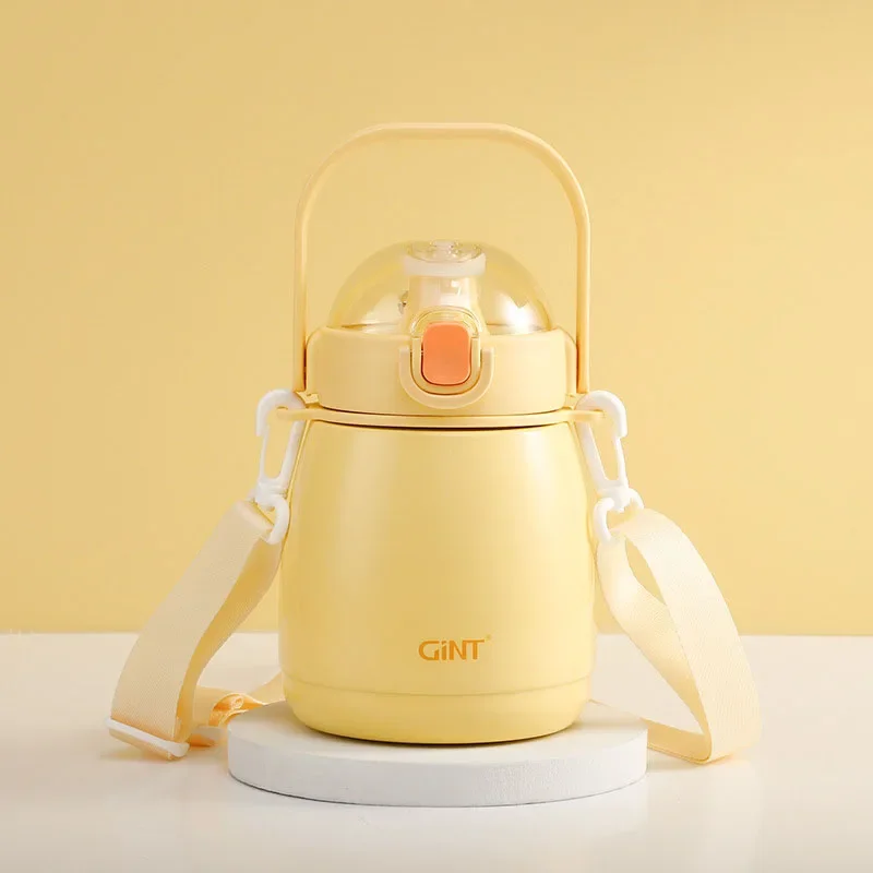 

Cute Sports Water Bottle for Girls Yellow - 900ML Stainless Steel Insulated with Straw Strap Leak Proof