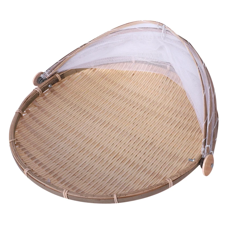 Handmade Bamboo Woven Bug Proof Wicker Basket Dustproof Picnic Fruit Tray Food Bread Dishes Cover With Gauze Panier Osier