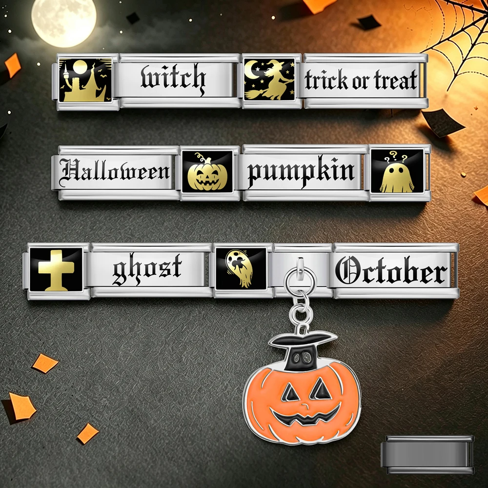 Halloween Laser-Gravur Vampir Gruseliger Kürbis Werwolf 9x20mm Italienische Charms für DIY-Armbänder Edelstahl-Schmuck – Detail 1