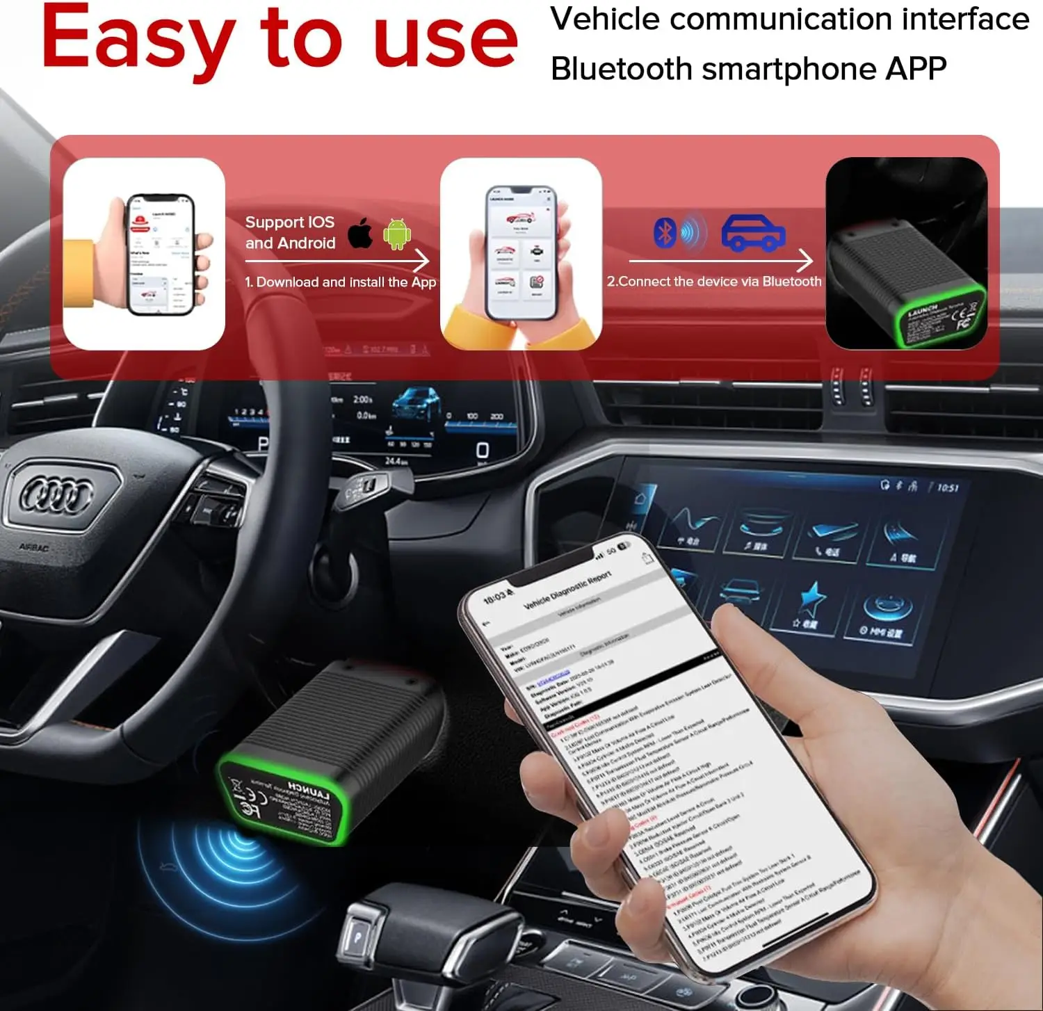 Lastest LAUNCH AIOBD Bluetooth Connector Car Diagnostic Tools Full OBD Function OBD2 Scanner For Android IOS System