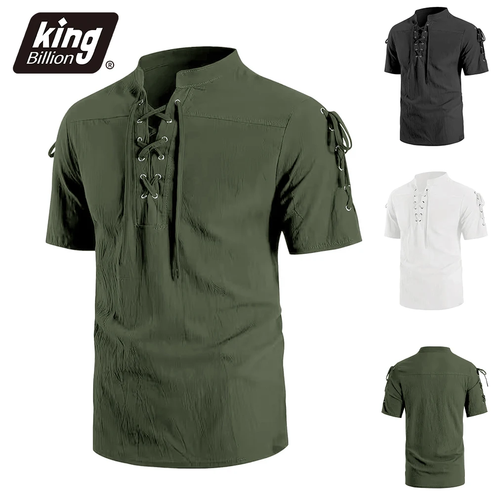 Herren Vintage Kurzarmhemd im Renaissance-Piratenstil mit Schnürung, Baumwolle, leicht, Stehkragen, Gothic-Kostüm