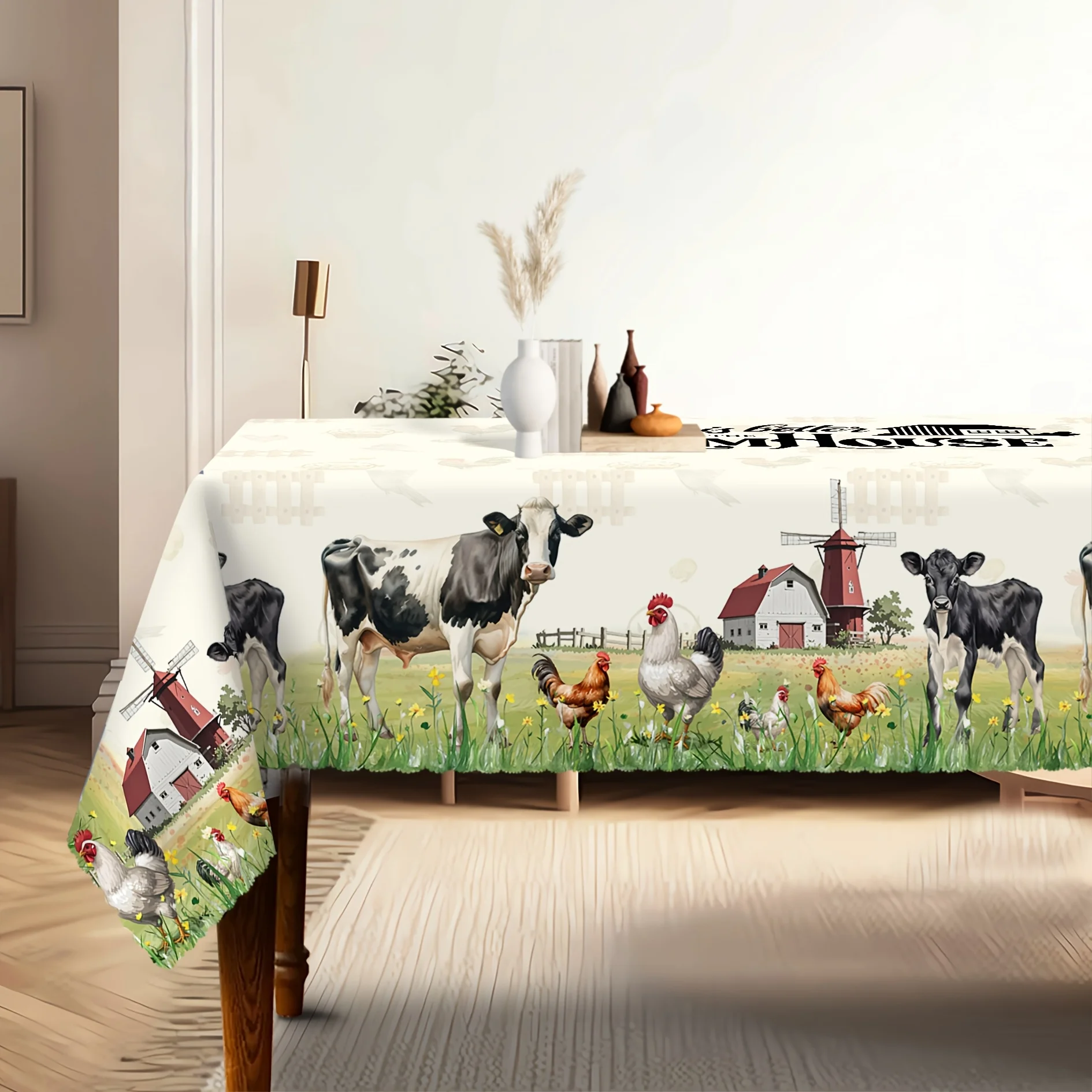 One chicken and cow tablecloth, featuring a spring herbal design with images of cows, roosters and hens.
