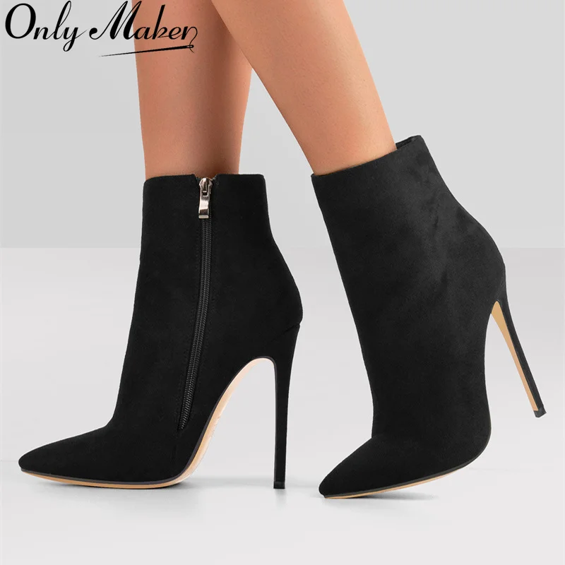 

Onlymaker/женские ботильоны на высоком каблуке с острым носком, боковая молния на шпильке, черные, красные замшевые туфли, ботильоны больших размеров