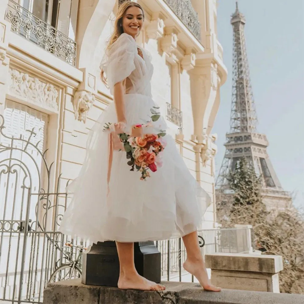 Kurze Hochzeit Kleid Benutzerdefinierte Weg Von Der Sholder V Neck Rüschen Falte EINE Linie Weicher Tüll Brautkleid für Bürger Robe de Mariee Sommer