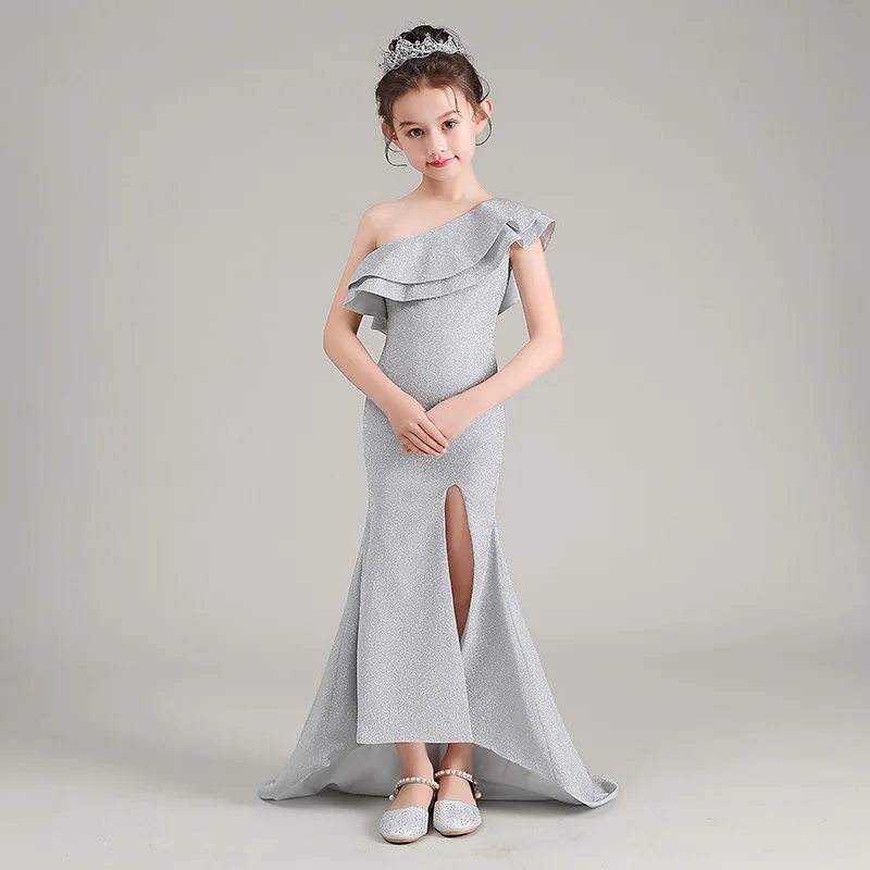 

Silvery Mermaid Baby Flower Girl Dresses Side Slit Court Train Children Prom Party Evening Gowns