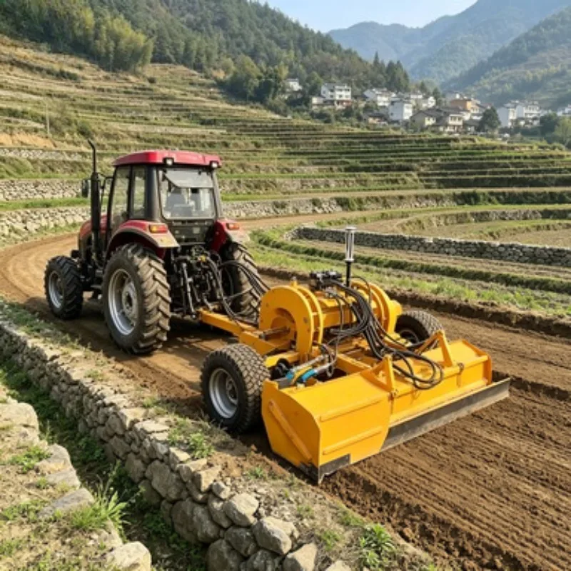 Advanced Laser‑Guided Grader with Leveling Scraper, Tractor‑Mounted System Featuring Precision Gearbox for Reduced Irrigation