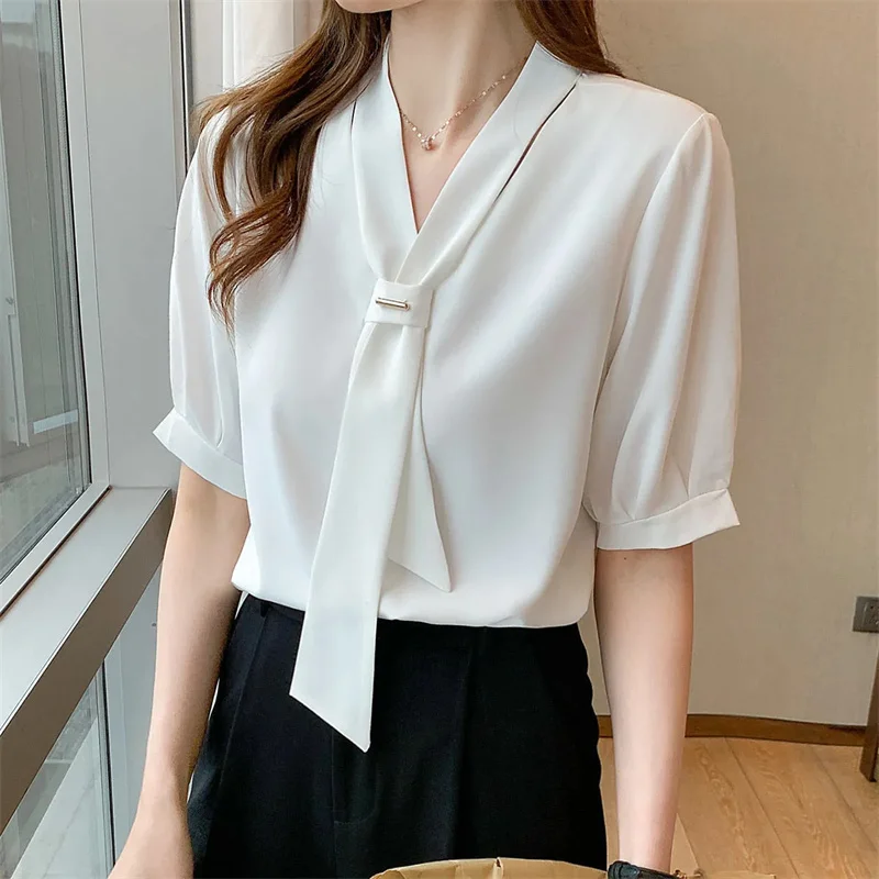 Elegant V-neck Chiffon Top 2022 Korean Ribbon Women Shirts Blouses Chic Office Lady Short Sleeve Shirts Top Fashion Bow Tie Shir