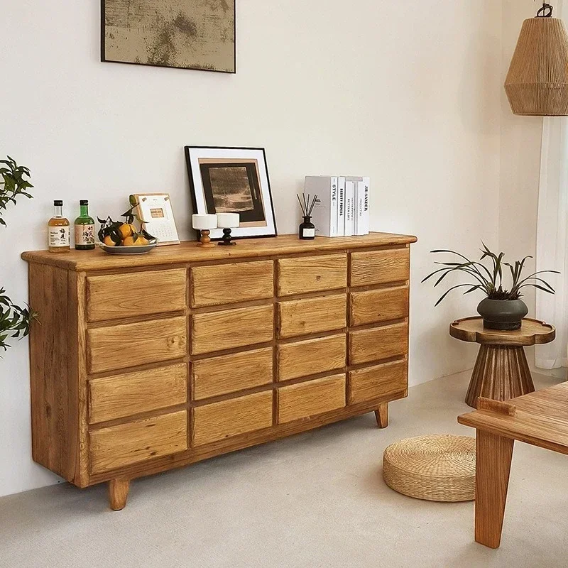 Solid Wood Living Room Bucket Cabinet Middle Antique Dining Side Cabinet Old Elm Cream Wind Locker Floor-to-ceiling Household