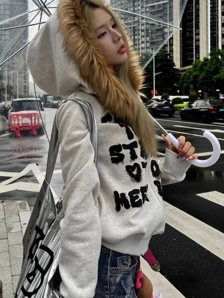 

Y2k американская винтажная куртка с капюшоном, воротник из искусственного меха, длинный рукав, женское повседневное пальто на молнии с буквенным принтом, уличная одежда, осень 2023 г.