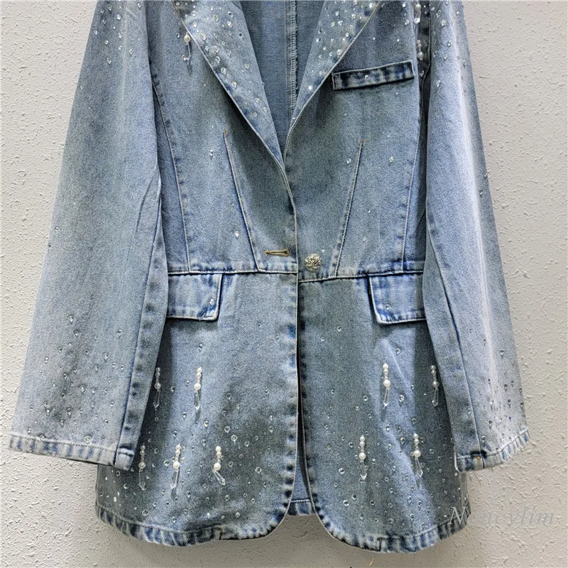 2024 Nieuwe Losse Blauwe Spijkerjas Dames Strass Retro Effen Kleur Pak Kraag Jean Jas Dames Street Top Kleding