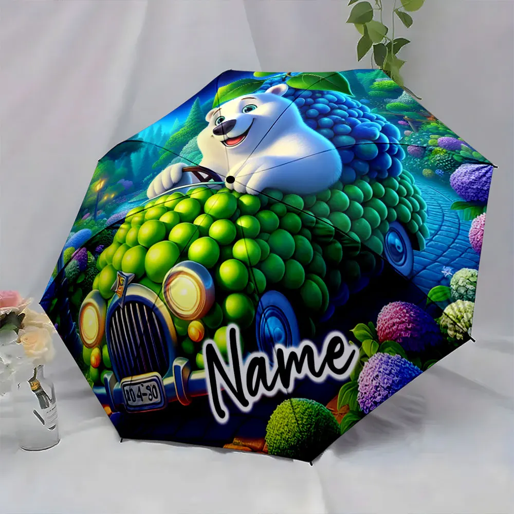 Custom Name  Polar Bear Driving a Grape Car on an Umbrella Design Print 8 Iron Ribs Folding Umbrella Auto-Open Fashion Sunshade