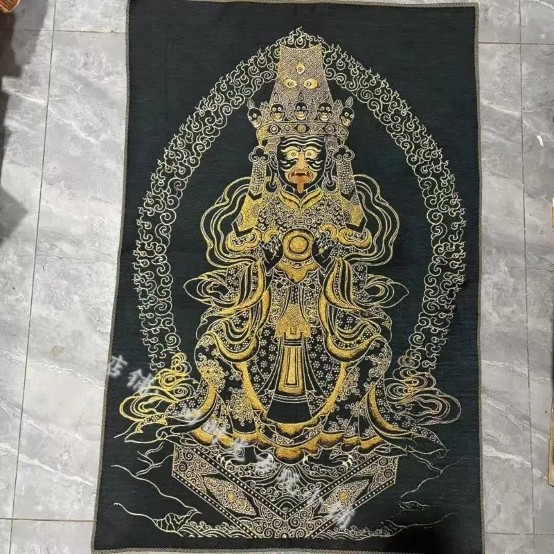 Zashi Lhamo Thangka Brocade Tapestry Tibetan Female Wealth God Black Gold Woven Wall Hanging Buddhist Religious Altar Decor