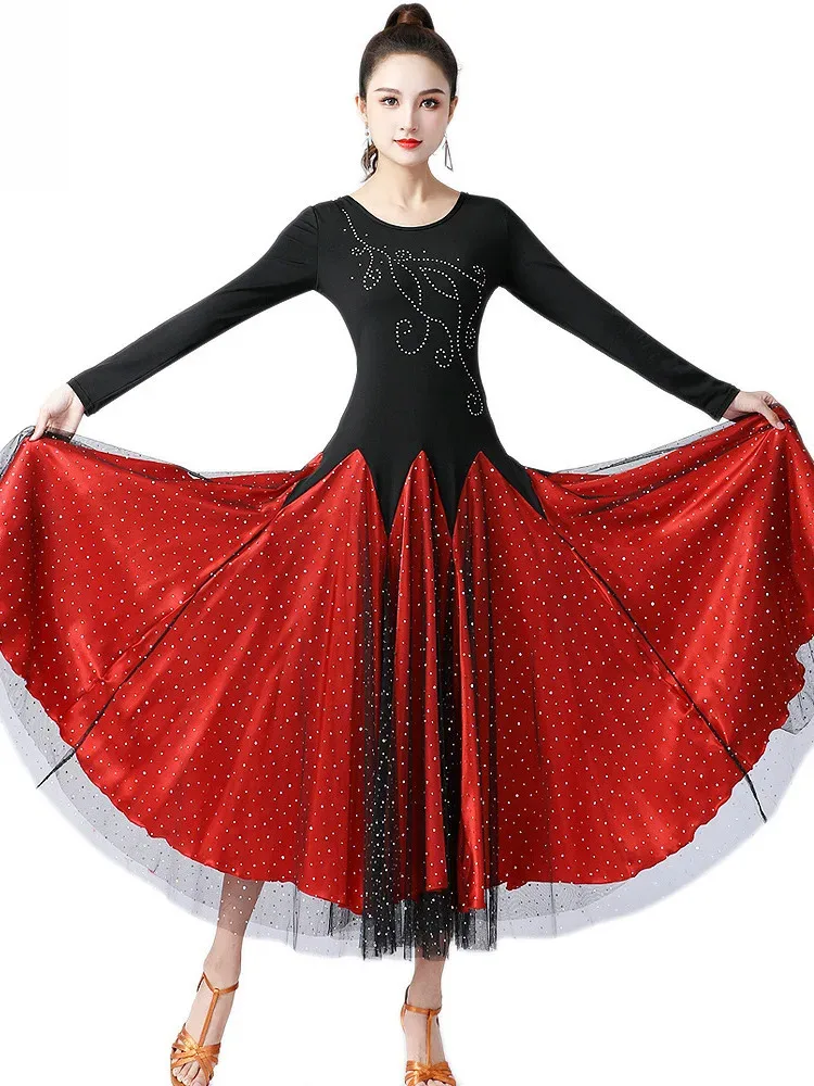 

Modern Dance Slim Fit Long Sleeve Dress for Women – Rhinestone Patchwork Ballroom Performance Waltz Dress
