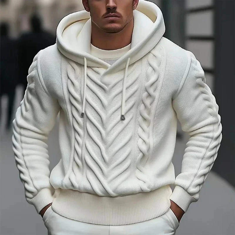 Winter Striped Pullover Hoodie Men's Sweater Jacket Sports Hoodie Vintage Casual Warm Wool Sweater Top Knitted Jackets Men White