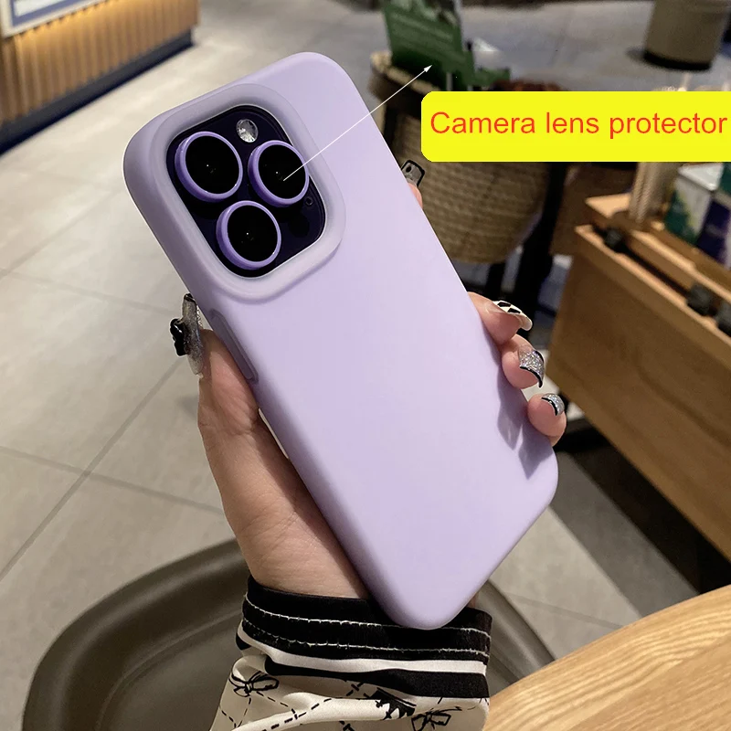 Luxury solid color liquid silicone case for iphone 16 15 14 pro 16pro 13 15pro Max Camera lens protector film protective cover