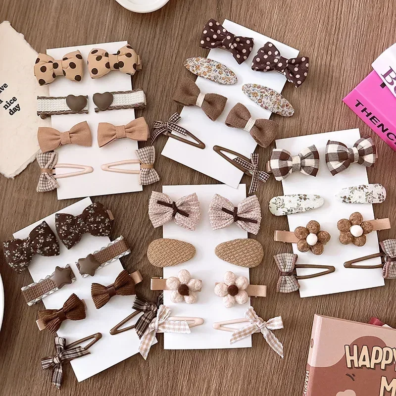 8pcs/set Sweet Elegant Princess Hair Clip for Kids Beige Coffee Color Children's BB Clip Bow Floral Barrettes Hair Accessories