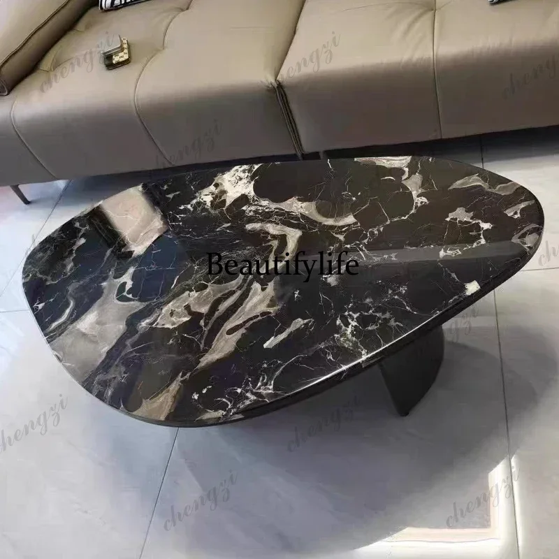 K182  Designer Round Natural Marble Coffee Table for Living Room Office, Modern Luxury Metal Base Oval Center Table