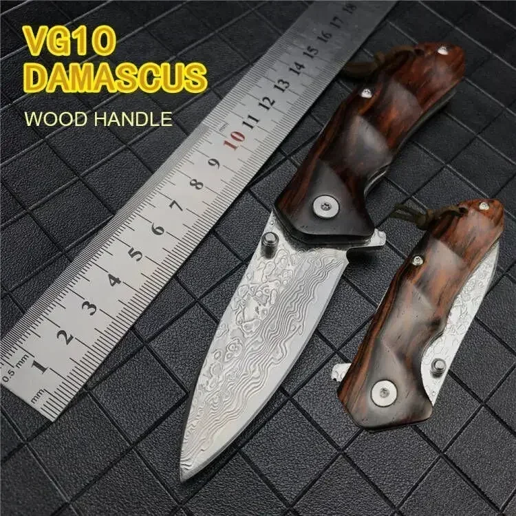 2024 High Qualtiy Damascus Steel Folding Knife Wood Handle with Sheath EDC Outdoor Knife Self-defense Combat Tactical Tool Gift