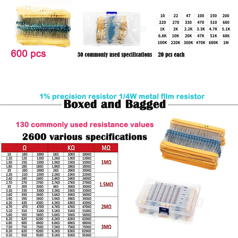 600PCS Lot 30 Values 1/4W 0.25W 1% Metal Film Resistors Assorted Pack Kit Set Lot Resistors Assortment Kits Fixed Resistor