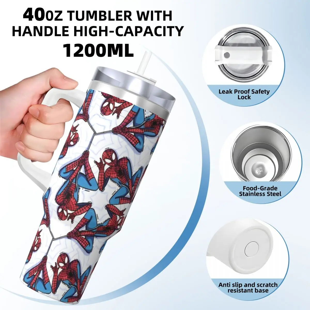 Stainless Steel Tumbler Spider-Man Mugs Cup With Straws Spider Man American Cartoon Comic Cold and Hot Water Bottle Large Mug