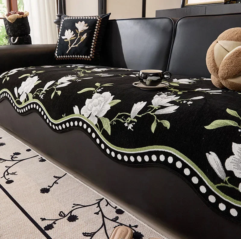 Retro Irregular Chenille Sofa Cushion Floral Print Anti-Slip Cover for Living Four Room Season Universal Furniture Slipcover