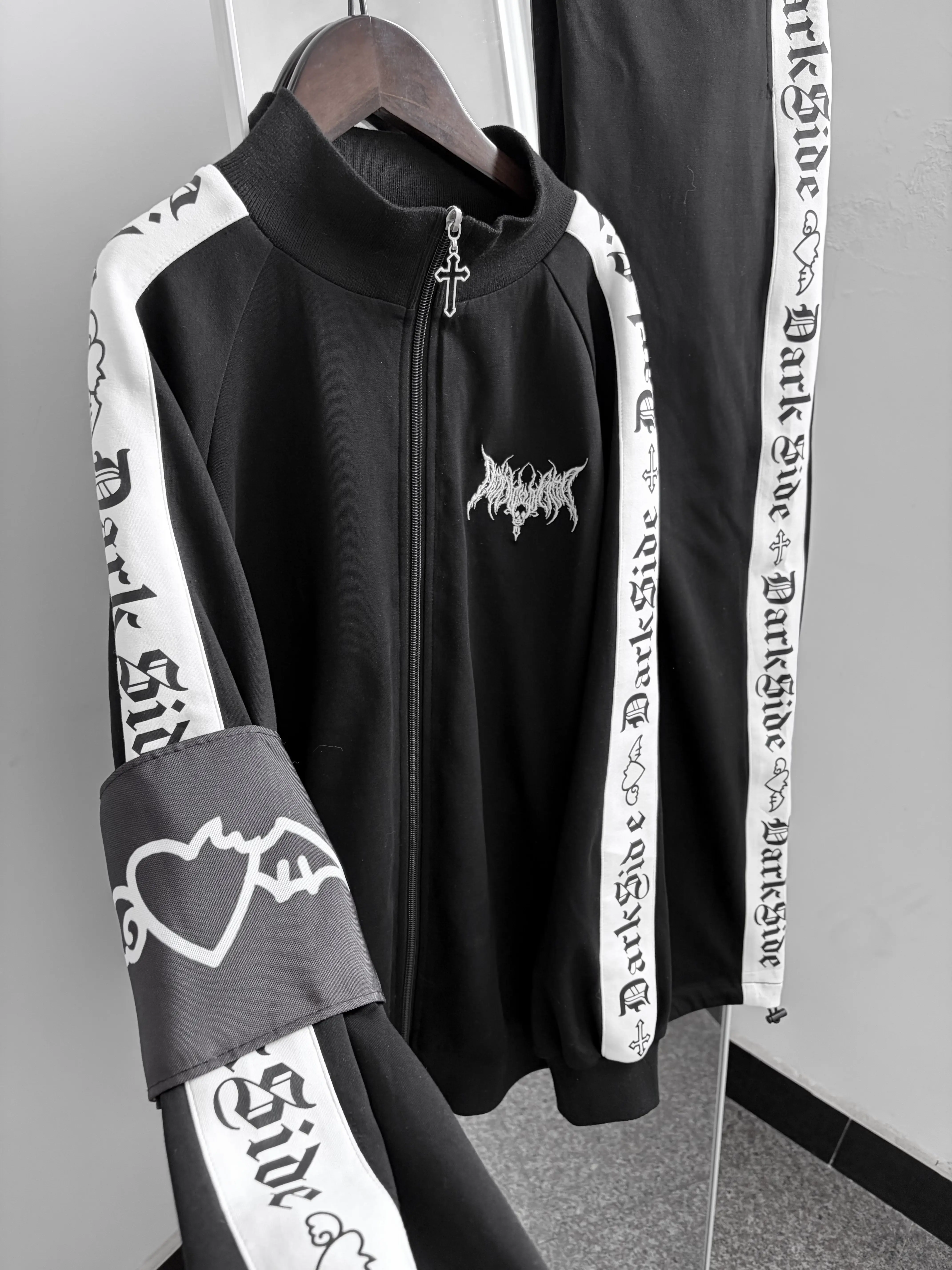 Gothic Harajuku Two‑Piece Tracksuit Women Zip‑Up Jacket with Gothic Graphic Print Contrast Sleeve Straight Leg Sweatpants
