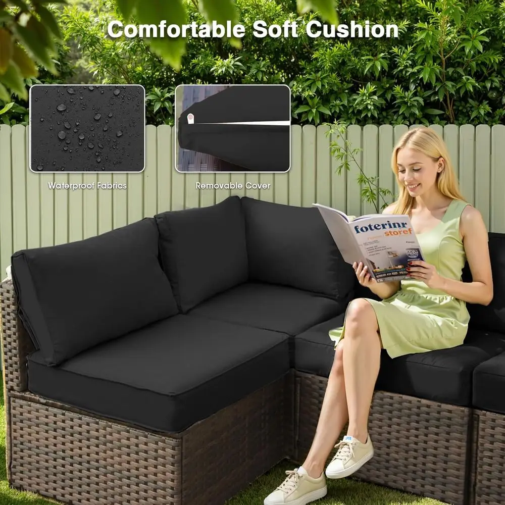 3 Piece Patio urniture Set All Weather PE Rattan Outdoor Sectional Soa Couch with No-Slip Cushions and Glass Top Table or Garden