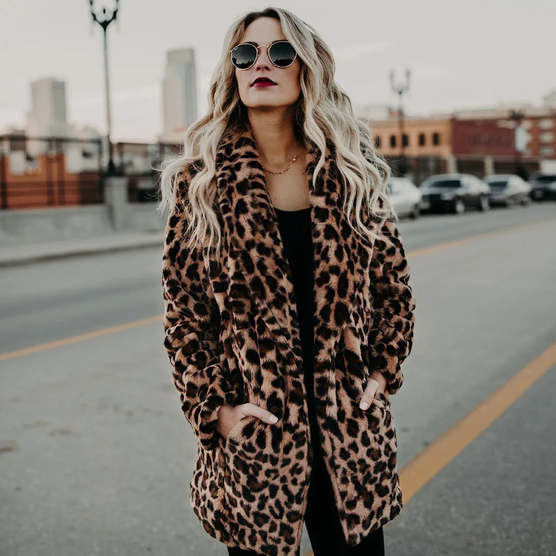 Fashion Leopard Print Long Jacket Women Winter Loose Pocket Faux Fur Coats Streetwear Casual Female Outerwears Windbreaker