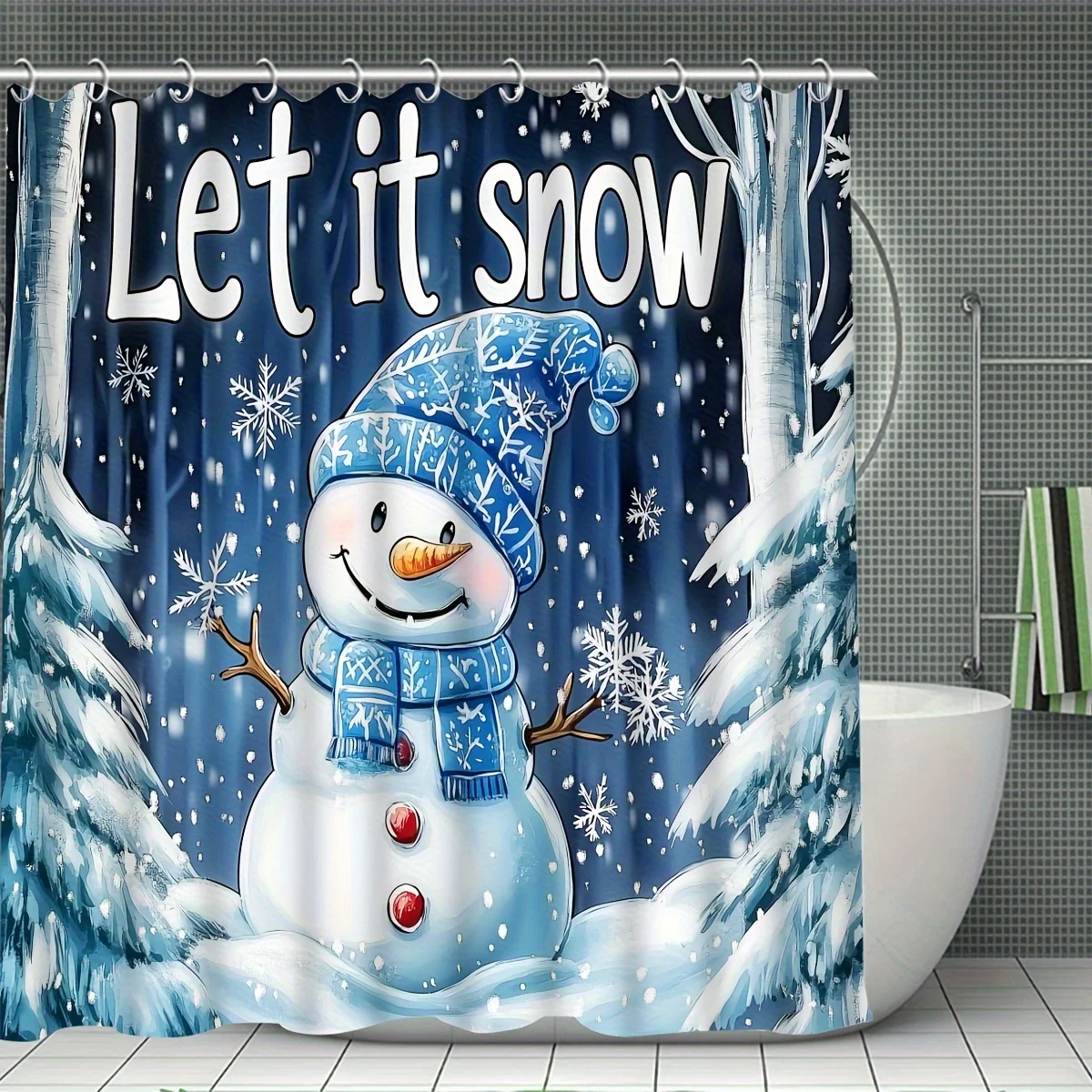 4 Pcs Snowman Christmas Shower Curtain Set, with Hook and U-Shaped Toilet Seat Cover, Bathroom Accessories, Christmas Decoration