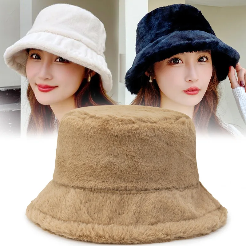 

2025 Cute Rabbit Fur Bucket Hat Plush Fashionable Fisherman Hat Warm Thick Basin Hat Winter Hats Woman Fascinator Hats for Women