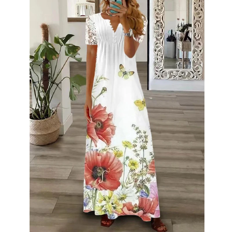 Women Lace Patchwork Floral Print Pleated Elegant Party Long Dresses Summer Trendy V-neck Short Sleeve Beach Maxi Dress Vestidos